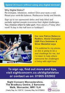 Flyer showing Para-Swimmer Becky Redfern who is taking part in the Digital Detox for Sight